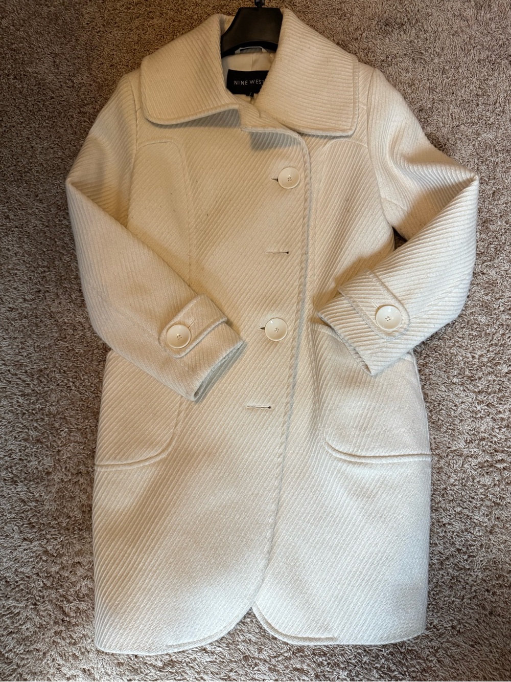Nine West Cream Wool-Blend Pea Coat with Large Buttons